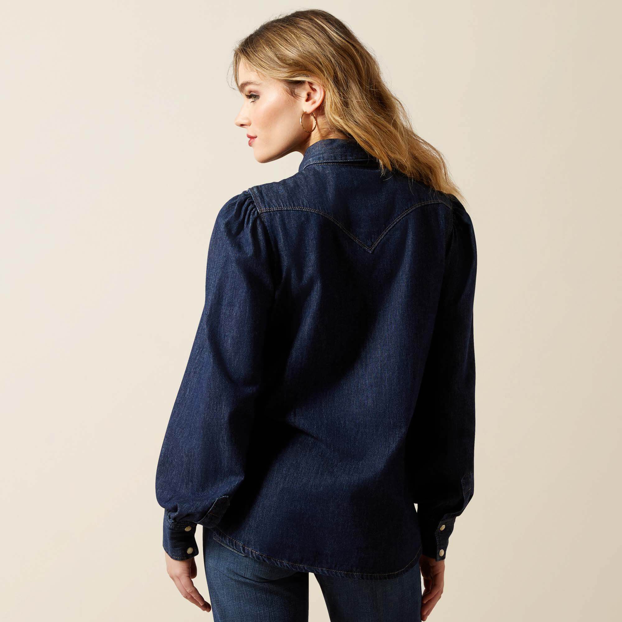 Ariat Puff Sleeve Denim Snap Shirt Women|Trends